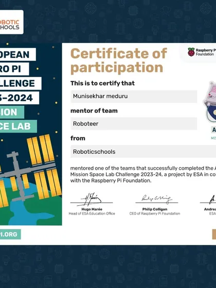 This isn't just a certificate; it's proof that our students' work has reached space. As part of the European Astro Pi Challenge, our team's Python code was successfully run on the International Space Station (ISS) aboard a Raspberry Pi computer.