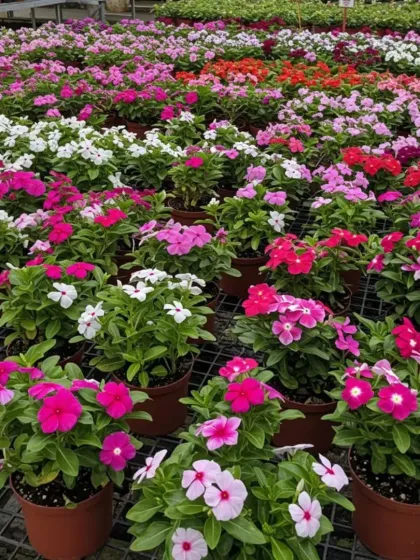 A nursery full of Vinca (Periwinkle) plants in shades of pink, white, and red. These are excellent, heat-tolerant annuals for continuous color.
