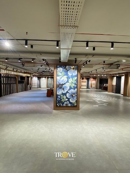A wide view of my expansive Mysore Road showroom. The open layout allows you to see and compare large format tiles and custom murals from a distance, helping you appreciate their scale and impact in a real-world setting.