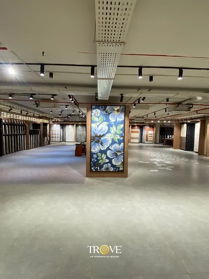 A wide view of my expansive Mysore Road showroom. The open layout allows you to see and compare large format tiles and custom murals from a distance, helping you appreciate their scale and impact in a real-world setting.