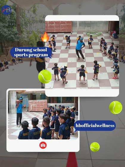 A snapshot of the "Durung school sports program" at SIES. These images show our coaches leading young students through various fun and active drills.