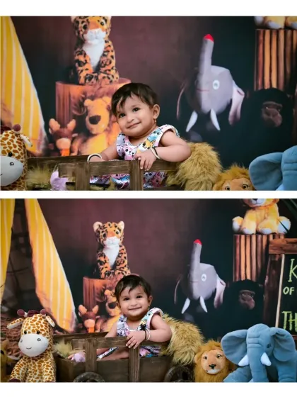Two photos showing the full jungle setup, complete with a tent and a "King of the Wild Things" sign. The baby smiles sweetly from her crate, surrounded by her plush animal subjects.