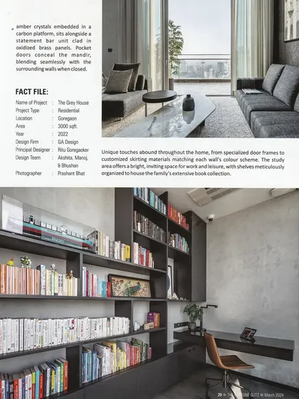 A glimpse of the study and library from a feature in The Neptune Glitz. The extensive shelving was designed to be both a functional storage solution and a prominent design feature.