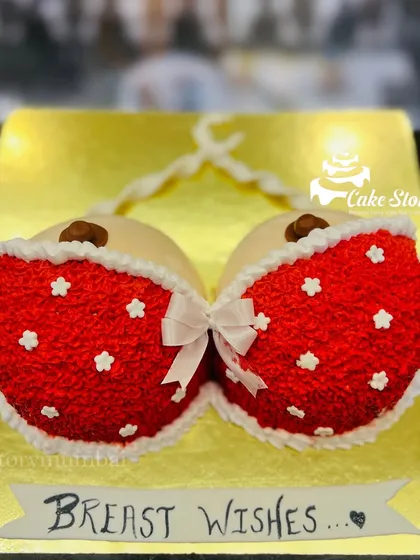 'Breast Wishes' for the groom-to-be. This bra-shaped cake is a funny and popular choice for bachelor parties, guaranteed to get a laugh.
