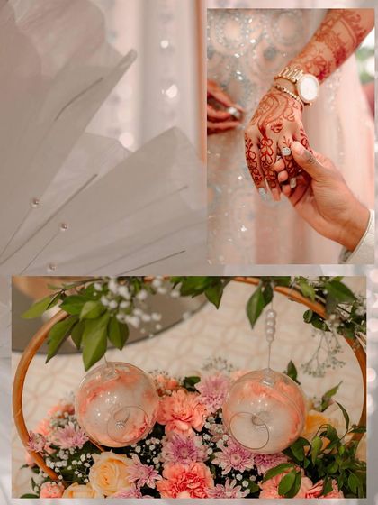 A collage of details from a ring ceremony, including the rings presented in decorative baubles and the couple holding hands.
