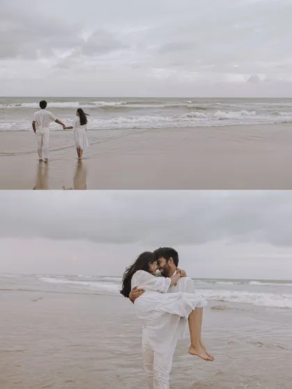 A diptych showcasing two romantic moments on the beach: a couple walking hand-in-hand into the waves and a classic lift, both in coordinated white outfits.