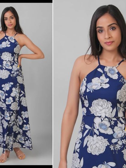 A full-length and close-up shot of a model in a blue floral maxi dress, providing both a complete view and a detailed look at the pattern.