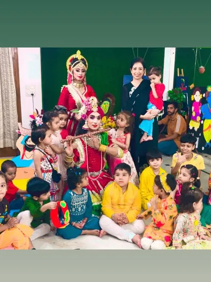 A group photo from our "Natkhat Kanha" Janmashtami workshop. The children gathered to watch a live Radha-Krishna performance, completely captivated by the magic.
