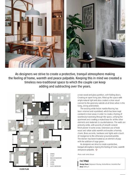 The feature includes the floor plan and our design statement, explaining how we created a timeless, neo-traditional space using a palette of teak wood, glass partitions, and smooth cement finishes.