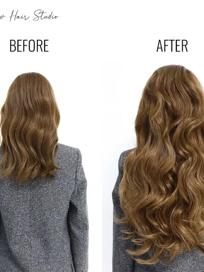 A picture is worth a thousand words. This before-and-after shows the dramatic difference our extensions can make, adding significant length and volume for a complete hair transformation.