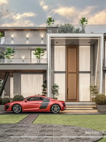 The front elevation of the Alipur farmhouse proposal, highlighting the grand entrance framed by a clean, white portal.