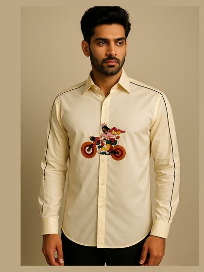 A full-length view of the cyclist shirt, framed to show its overall aesthetic. This piece is perfect for adding a playful element to a smart-casual outfit.