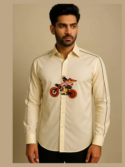 A full-length view of the cyclist shirt, framed to show its overall aesthetic. This piece is perfect for adding a playful element to a smart-casual outfit.