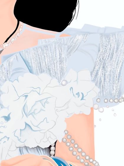 A detailed look at the intricate sleeve and pearl work on the dress from the child's portrait. I enjoy capturing these small details that make the illustration special.