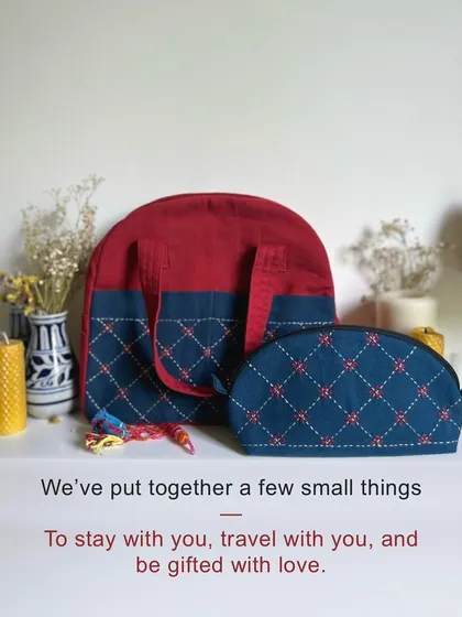 We’ve put together a few small things to stay with you, travel with you, and be gifted with love. This handmade gift set, featuring a quilted travel bag and matching pouch, is curated with care for your sibling, your friend, or for you.