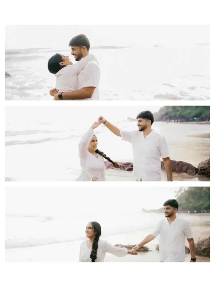 A collage of candid moments from their beach pre-wedding shoot. Dancing, laughing, and walking hand-in-hand, these images showcase the pure, uninhibited joy of their relationship.