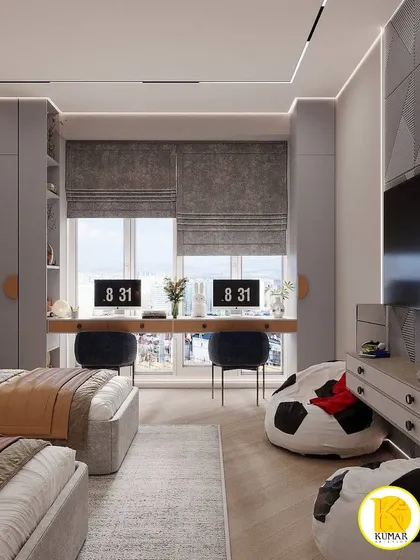 A sophisticated kids' room for two, with a shared desk overlooking a large window. The design uses a mature color palette of grey and brown, with fun football-themed bean bags.