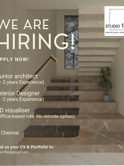 Studio 18 in Chennai is hiring a Junior Architect with 0-2 years of experience for an office-based role.
