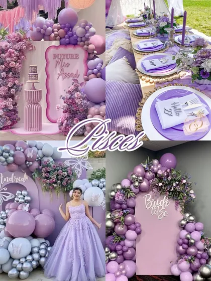 Zodiac decor aesthetics: Pisces. Dreamy, whimsical, and artistic. A Pisces party is a fantasy in shades of lavender and purple, with flowing florals and ethereal vibes.