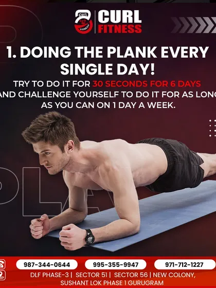 Plank tip number one: practice every day. Start with 30 seconds for 6 days a week, and then challenge yourself for a longer hold on the seventh day.