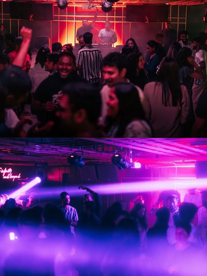 A split image showing the DJs at work and the laser-filled dancefloor.