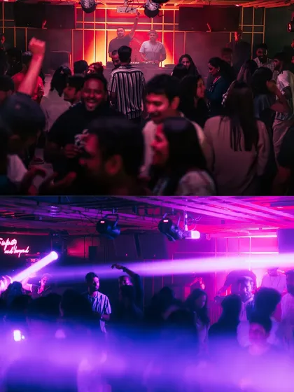 A split image showing the DJs at work and the laser-filled dancefloor.