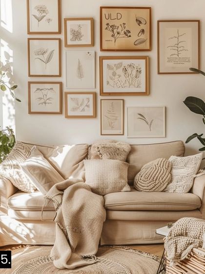 Create a warm, lived-in feel with a Boho Chic gallery wall. This style embraces mismatched wooden frames, botanical prints, and personal photos to weave together a wall that tells your unique story.