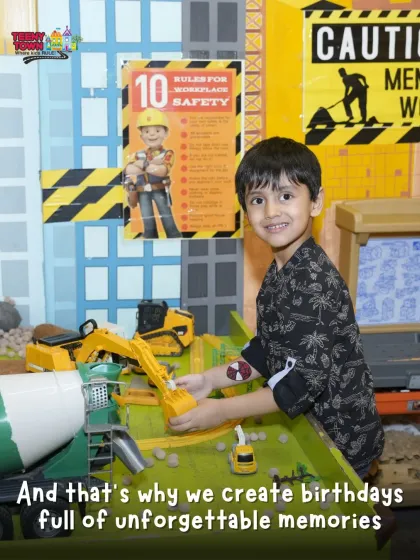 We believe in creating birthdays full of unforgettable memories, like this little one enjoying our construction zone.