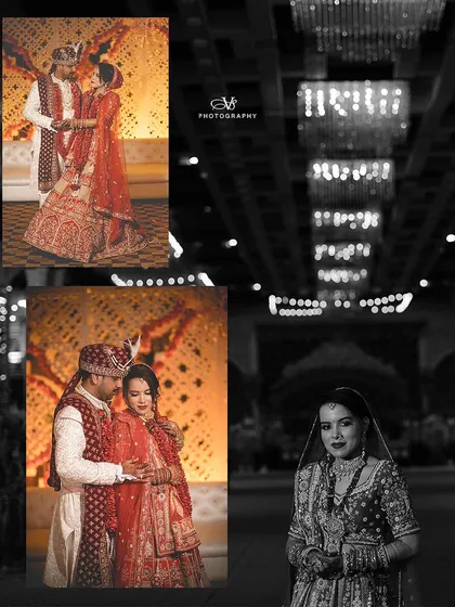 An artistic collage of wedding moments, blending color portraits of the couple with a dramatic black and white shot of the bride, all under the grand chandeliers of the venue.