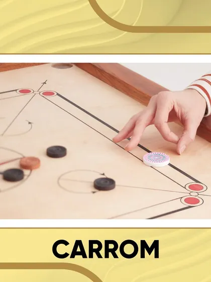 A close-up of a carrom game in progress. This classic indoor game is a favorite among members for casual fun and friendly competition.