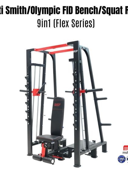 The 9-in-1 Flex Series machine, shown with the bench in an upright position for shoulder presses or other exercises.