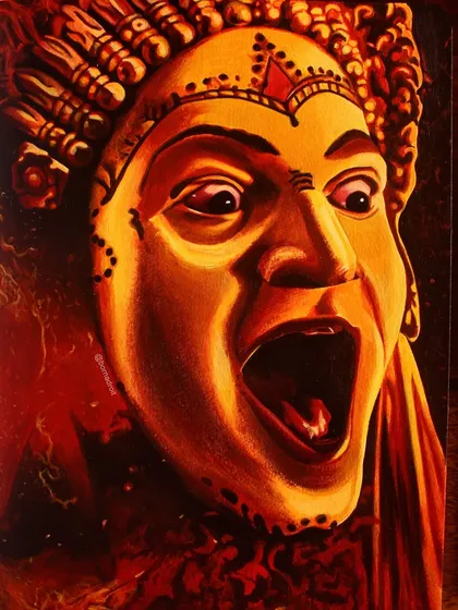 This powerful acrylic painting is inspired by the movie 'Kantara'. I used a vibrant palette of reds and yellows on paper to capture the intensity of the character's expression. This piece shows my ability to work with dramatic themes and strong emotions in my artwork.