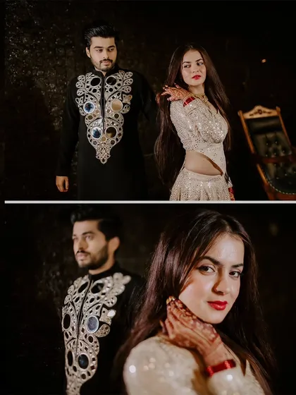A diptych of Sangeet portraits, with a focus-pulling effect that highlights both the bride and the groom.