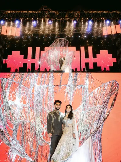 This grand Sangeet entry was all about the drama. We used a massive, shimmering heart structure and stage pyrotechnics to create a concert-like feel for the couple's big reveal.