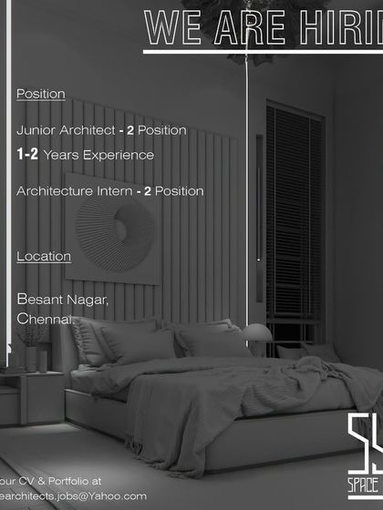 A sleek, dark-themed ad for a Junior Architect and Intern at Sync Space Architects in Chennai.