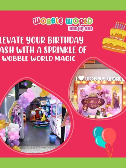 A glimpse into a princess-themed party, with a Sofia the First backdrop and a purple and pink balloon arch at the entrance.