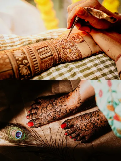 Documenting the process of the mehndi application and the final result on the bride's feet, complete with a peacock feather for a touch of tradition.