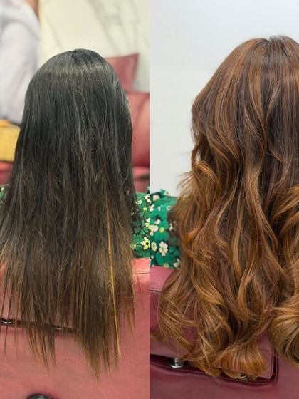 The back view of the caramel brown transformation, highlighting the healthy ends and consistent color.