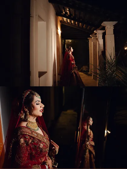 A collage of dramatic, low-light bridal portraits. These artistic shots use shadows and reflections to create a moody and sophisticated look.