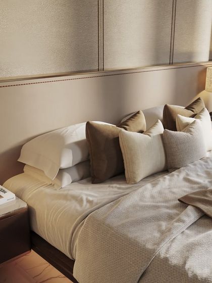 This collection of images explores a single master suite, including the main sleeping area and an integrated home office. We've rendered the space from wide angles to detailed close-ups, showcasing the cohesive design, material textures, and sophisticated lighting.