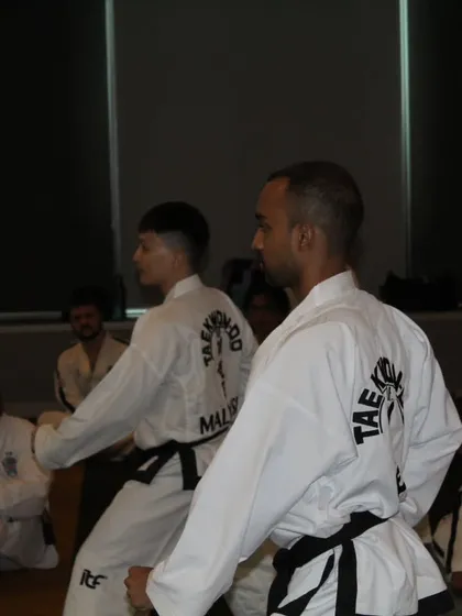 Practicing patterns alongside other black belts. The synchronization and shared energy in these sessions are powerful.