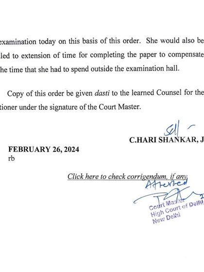 The concluding page of the court order, which not only allowed the student to take her exam but also granted her extra time to compensate for the delay. This demonstrates the court's focus on ensuring fairness and equity.