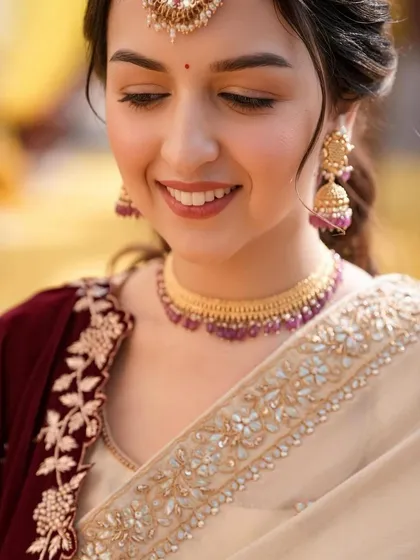 A close-up of the bride's happy smile, her elegant hairstyle visible.