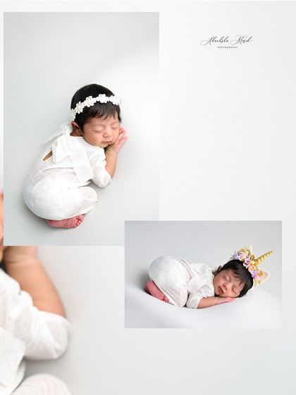 A collage showing the versatility of a simple setup. With just a change of a headband, from a simple floral one to a magical unicorn horn, we can create a variety of looks in one session.