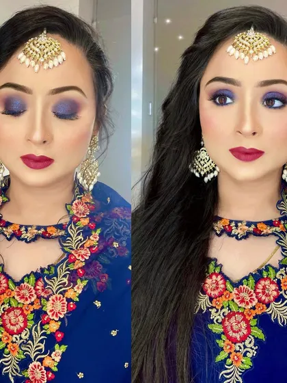 A stunning blue smokey eye paired with a bold red lip. This is a classic combination for a glamorous evening event, perfect for Eid or any festive celebration.
