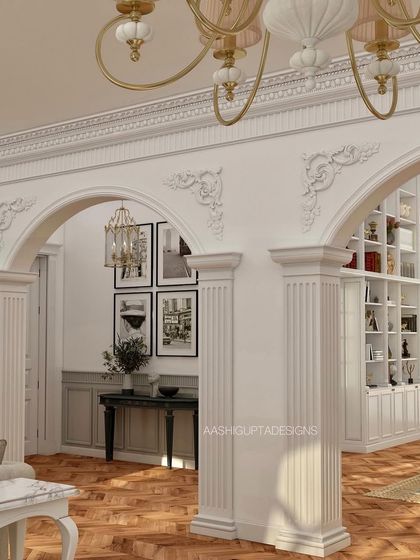 This view through multiple archways demonstrates how I create a sense of depth and discovery within a home. Each arch frames a new scene, from a formal entryway to a grand dining room with a floor-to-ceiling library.