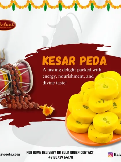 Our Kesar Peda is a fasting delight packed with energy, nourishment, and divine taste. The golden flavor of saffron makes it a perfect offering for any puja.