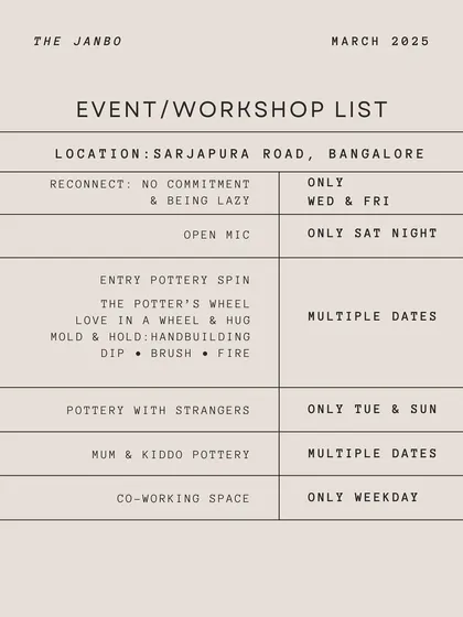 Our March 2025 event list for Bangalore, featuring everything from Open Mic nights to 'Pottery with Strangers'.