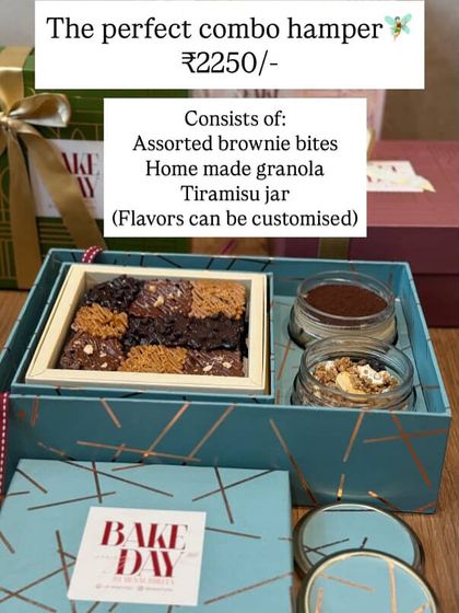 The Perfect Combo Hamper menu. This hamper includes assorted brownie bites, homemade granola, and a Tiramisu jar with customizable flavors.
