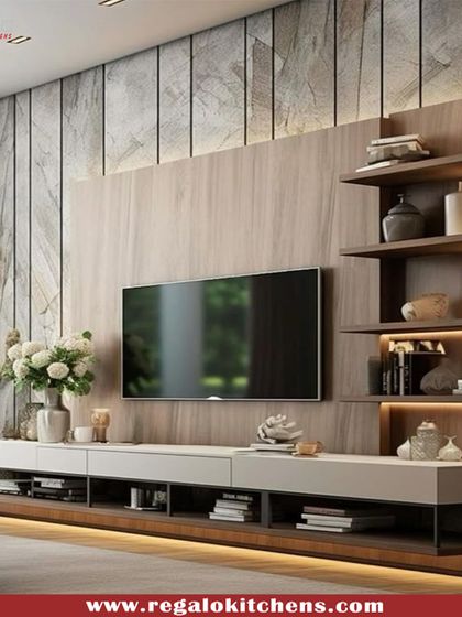 This TV unit blends natural textures beautifully, with a wood-paneled wall and a stone-like backdrop. The floating white console and illuminated shelves provide storage and display space.